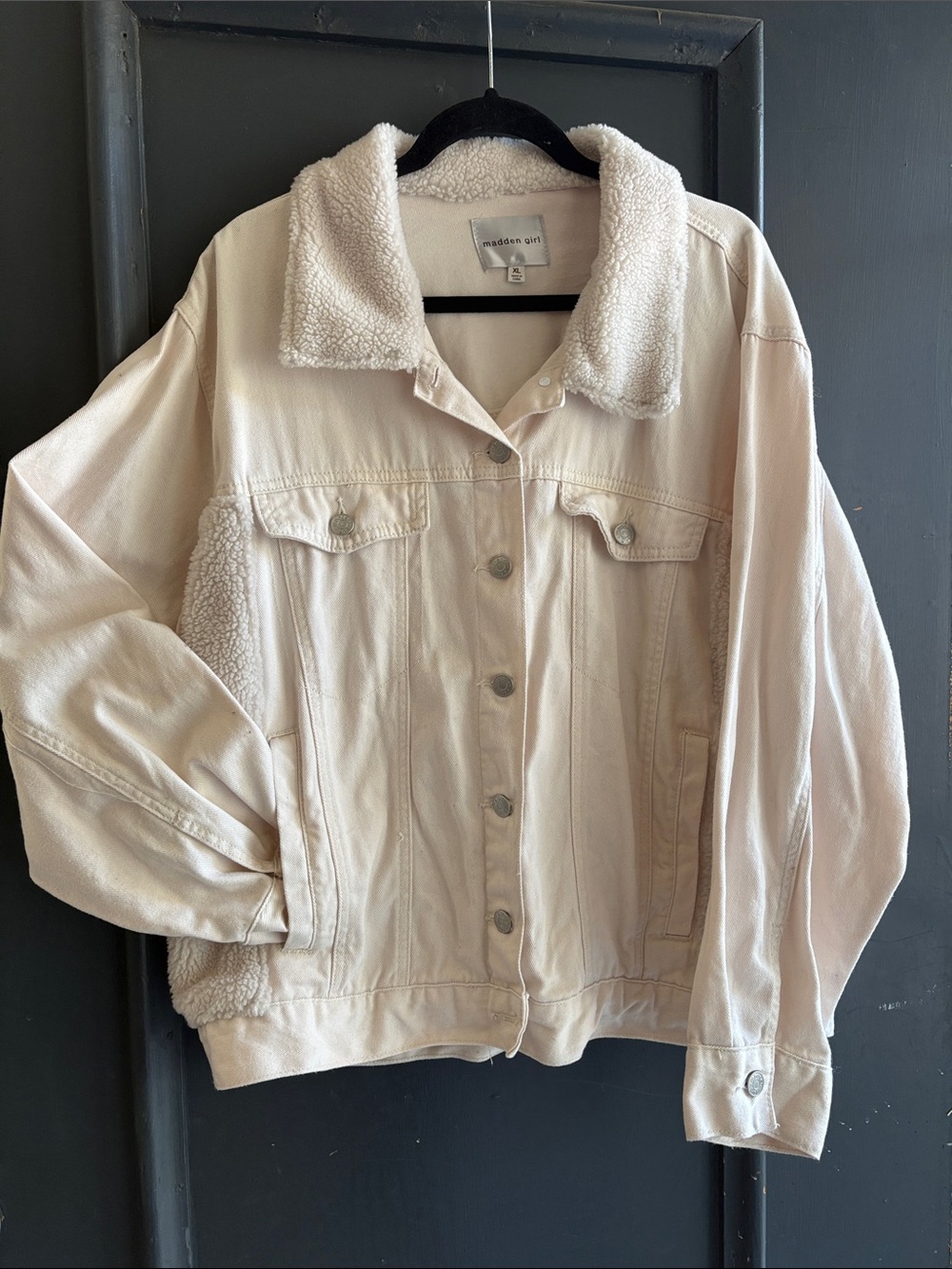 Madden Girl Cream Sherpa-Trim Denim Jacket